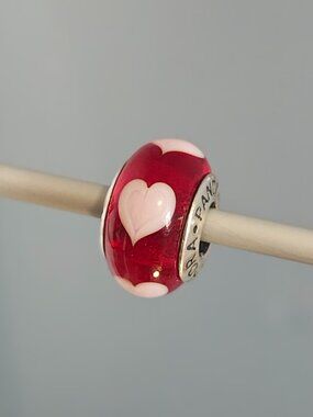 Authentic Pandora Retired Red Murano Glass Charm with Pink Hearts – 790658
